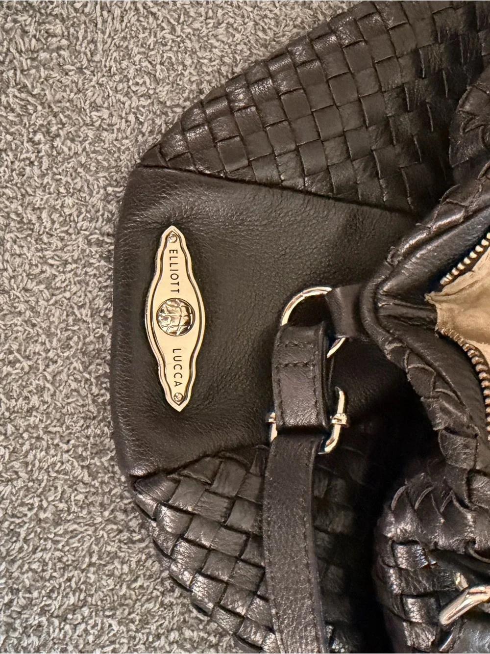 Elliott Lucca Black Woven Leather Satchel Crossbody Shoulder Bag